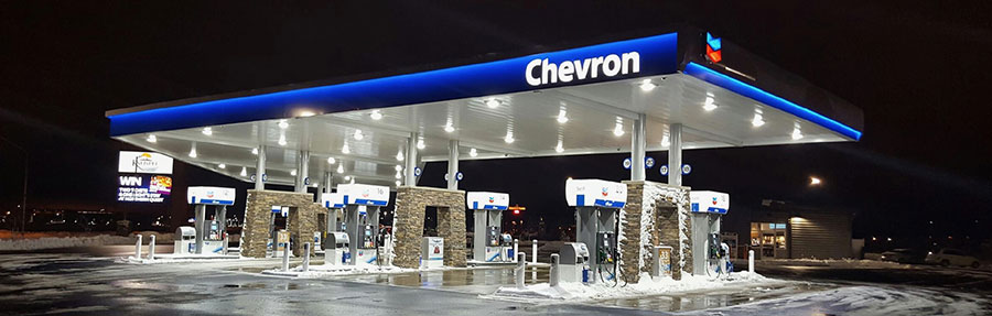 Chevron service station canopy at night