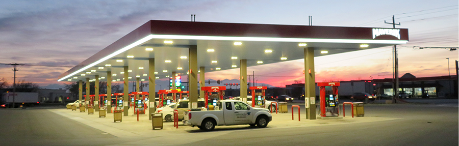 Long Maverik service station canopy