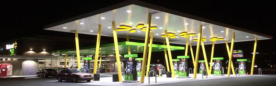 Walmart canopy with brand element lighting