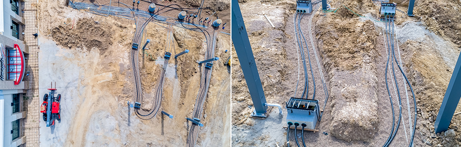 aerial view of piping lines to underground containment for service station